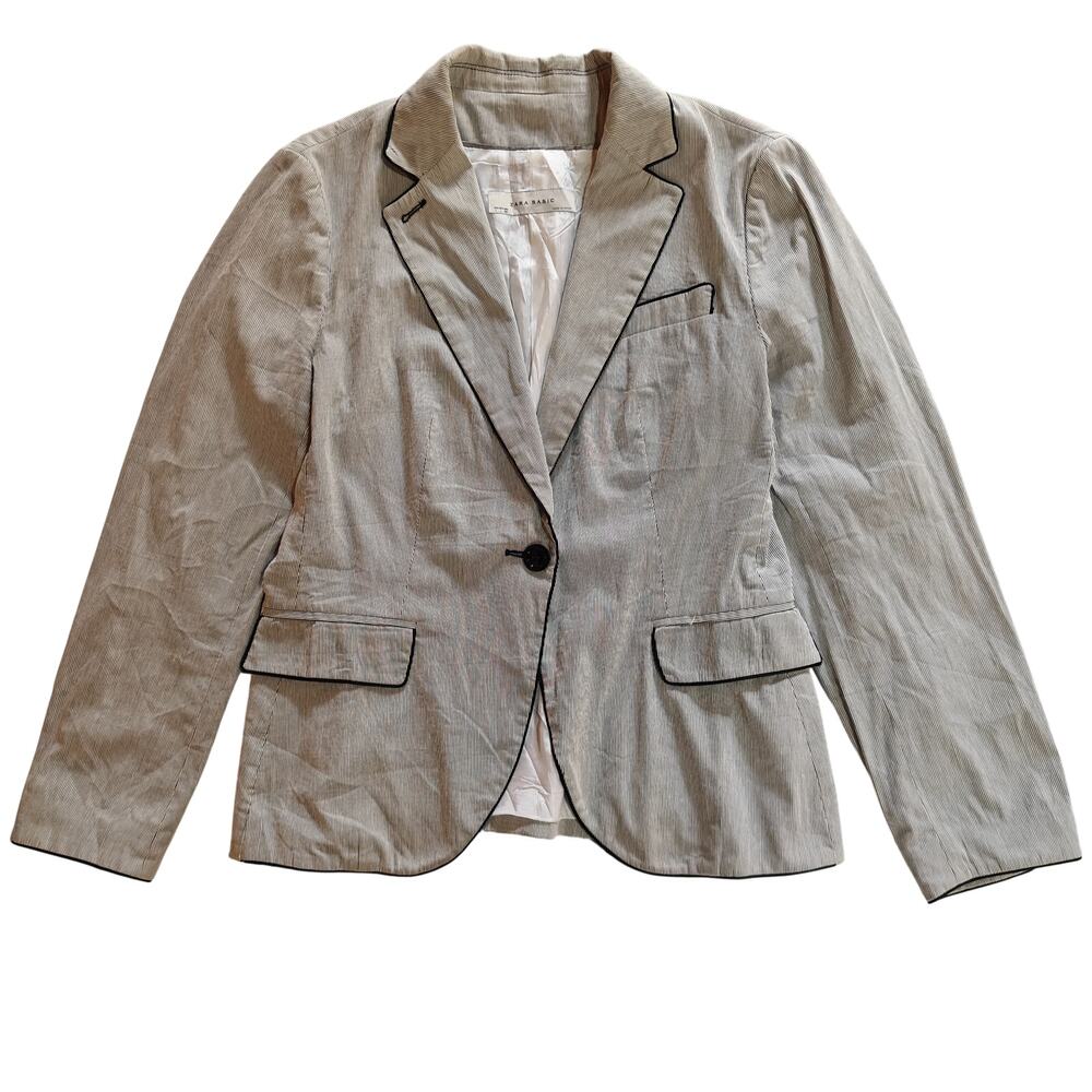 Zara Basic Pinstripe Blazer Beige Black Trim One Button S
